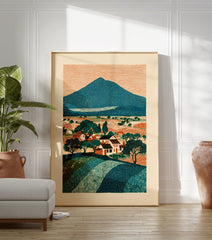 Illustrative landscape art print of a mountain, village, and fields with trees, in teal, orange, and cream colors. - Image 3