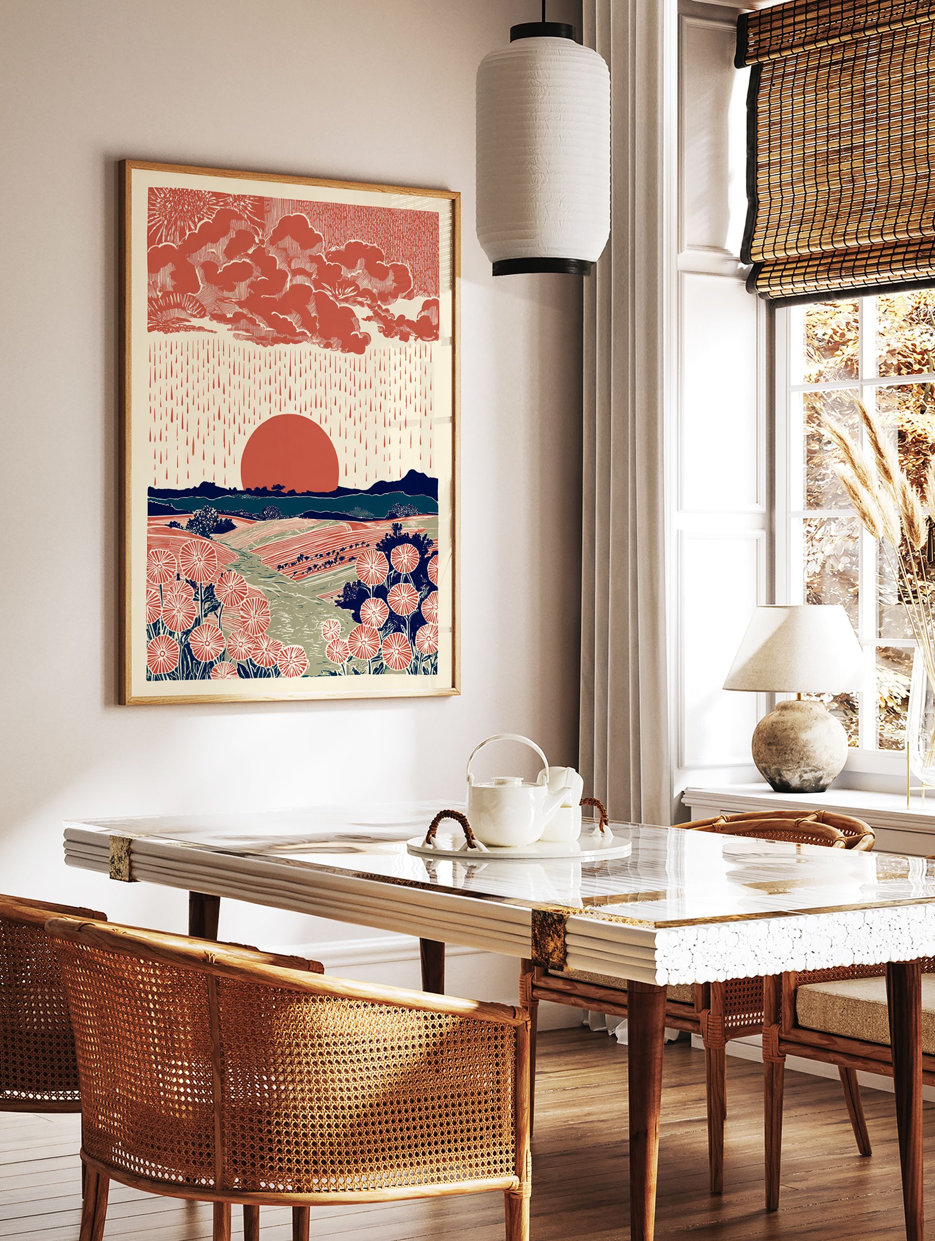 Illustrative landscape wall art with red sun, rain, clouds, mountains, and stylized red flowers in fields. - Image 2