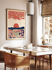 Illustrative landscape wall art with red sun, rain, clouds, mountains, and stylized red flowers in fields. - Image 2
