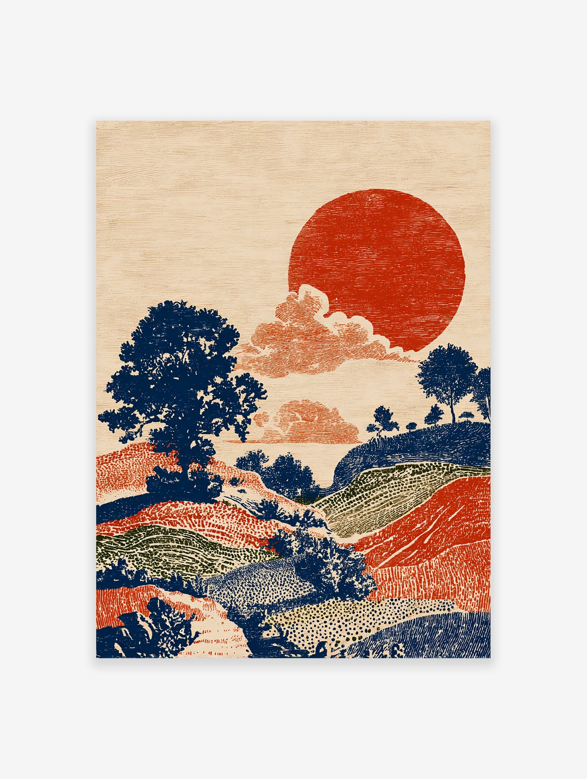 Japanese style landscape wall art print with a large red sun, dark blue trees, and colorful rolling hills in a textured folk art style.