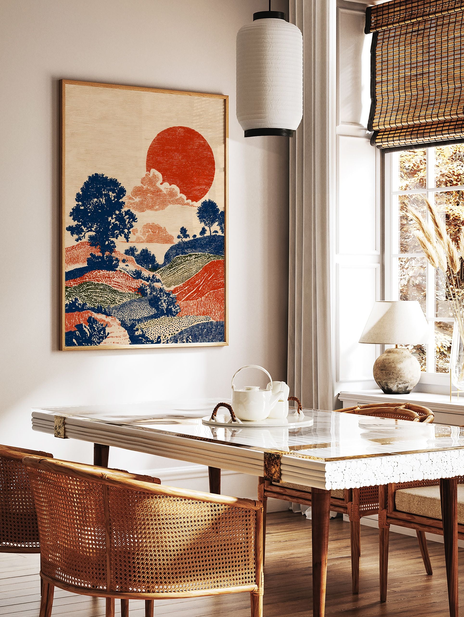 Japanese style landscape wall art print with a large red sun, dark blue trees, and colorful rolling hills in a textured folk art style. - Image 3