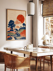Japanese style landscape wall art print with a large red sun, dark blue trees, and colorful rolling hills in a textured folk art style. - Image 3