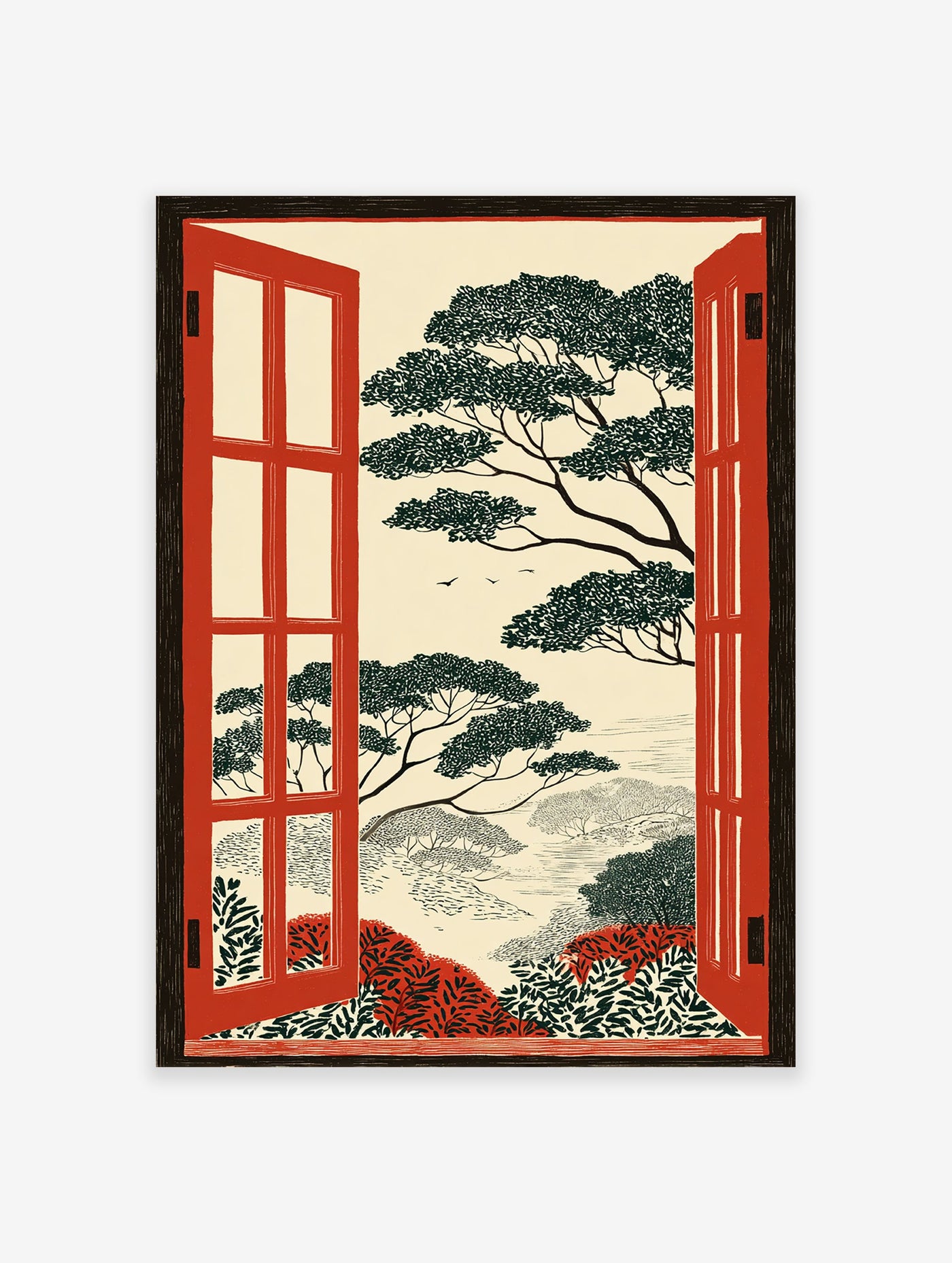 Illustrative Landscape Wall Art print showing a serene nature view through an open red window with a black frame.