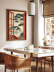 Illustrative Landscape Wall Art print showing a serene nature view through an open red window with a black frame. - Image 2