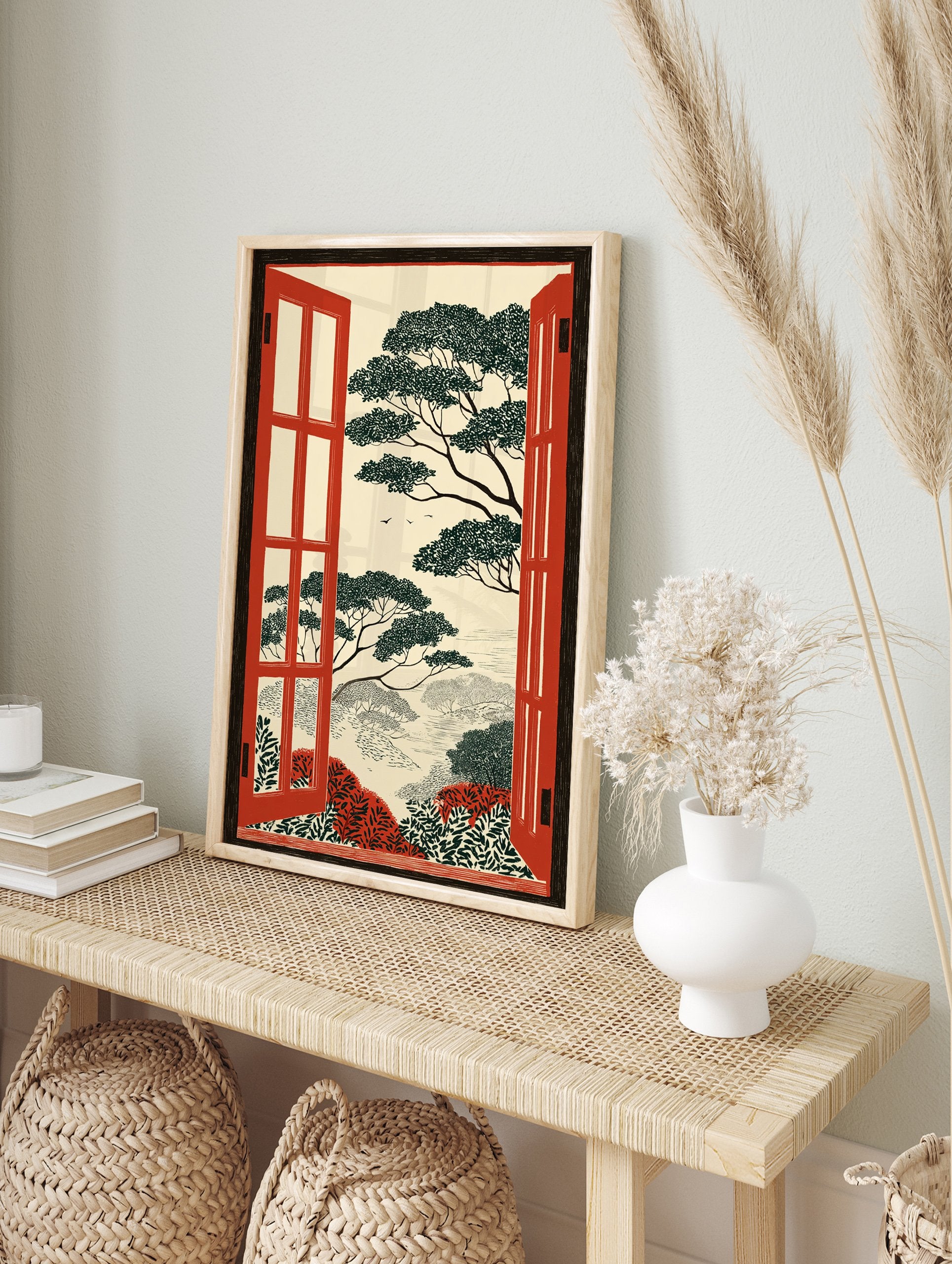 Illustrative Landscape Wall Art print showing a serene nature view through an open red window with a black frame. - Image 3
