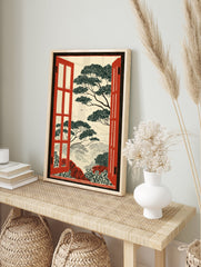 Illustrative Landscape Wall Art print showing a serene nature view through an open red window with a black frame. - Image 3