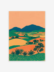 Mid-century modern landscape wall art print featuring green mountains, orange and yellow fields, and green plants.