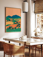 Mid-century modern landscape wall art print featuring green mountains, orange and yellow fields, and green plants. - Image 2