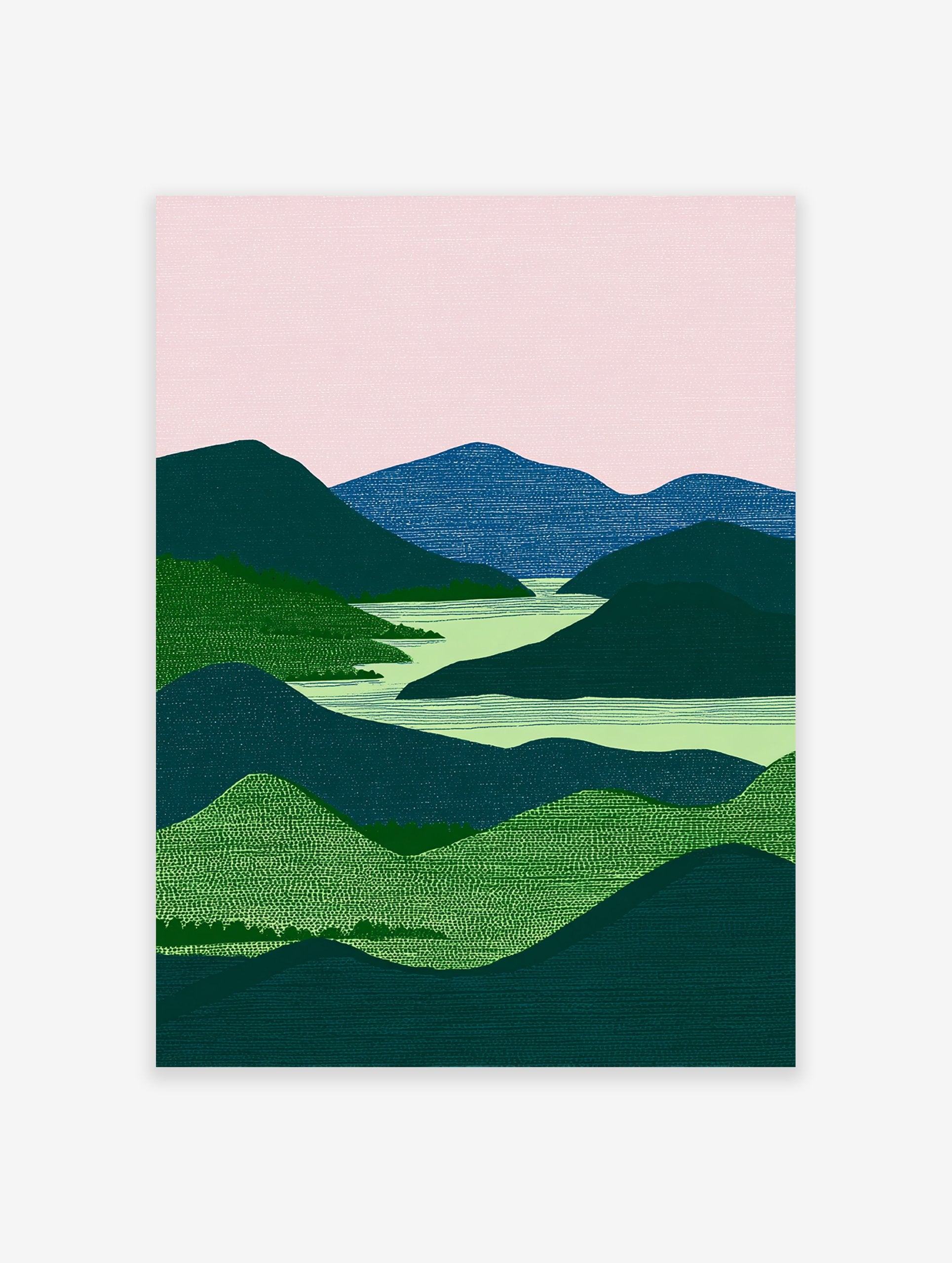Modern landscape wall art featuring green and blue mountains, a light green river, and a pink sky with textured details.