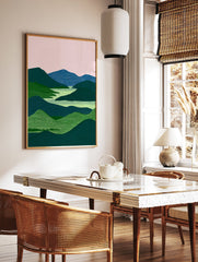 Modern landscape wall art featuring green and blue mountains, a light green river, and a pink sky with textured details. - Image 2