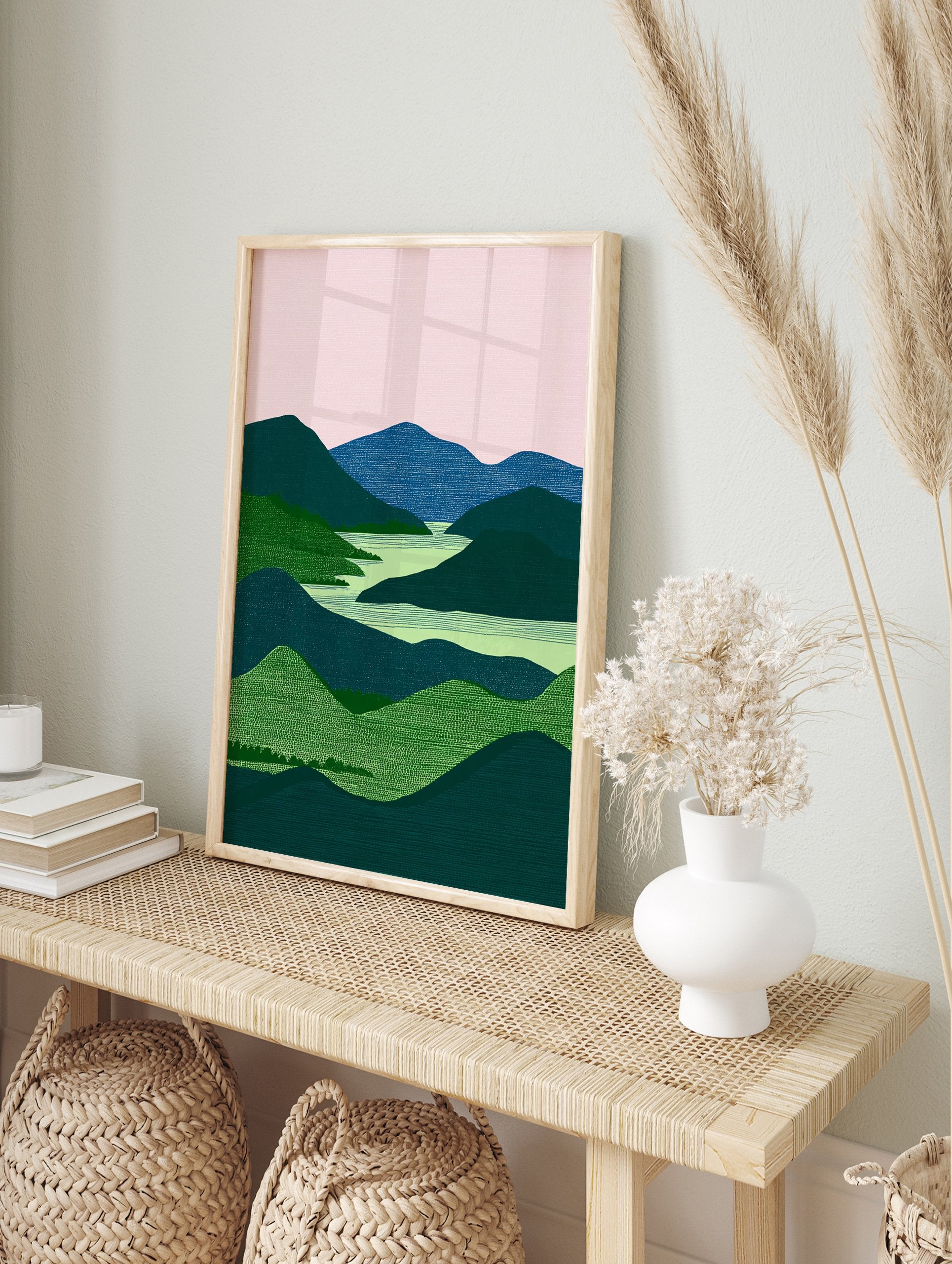 Modern landscape wall art featuring green and blue mountains, a light green river, and a pink sky with textured details. - Image 3
