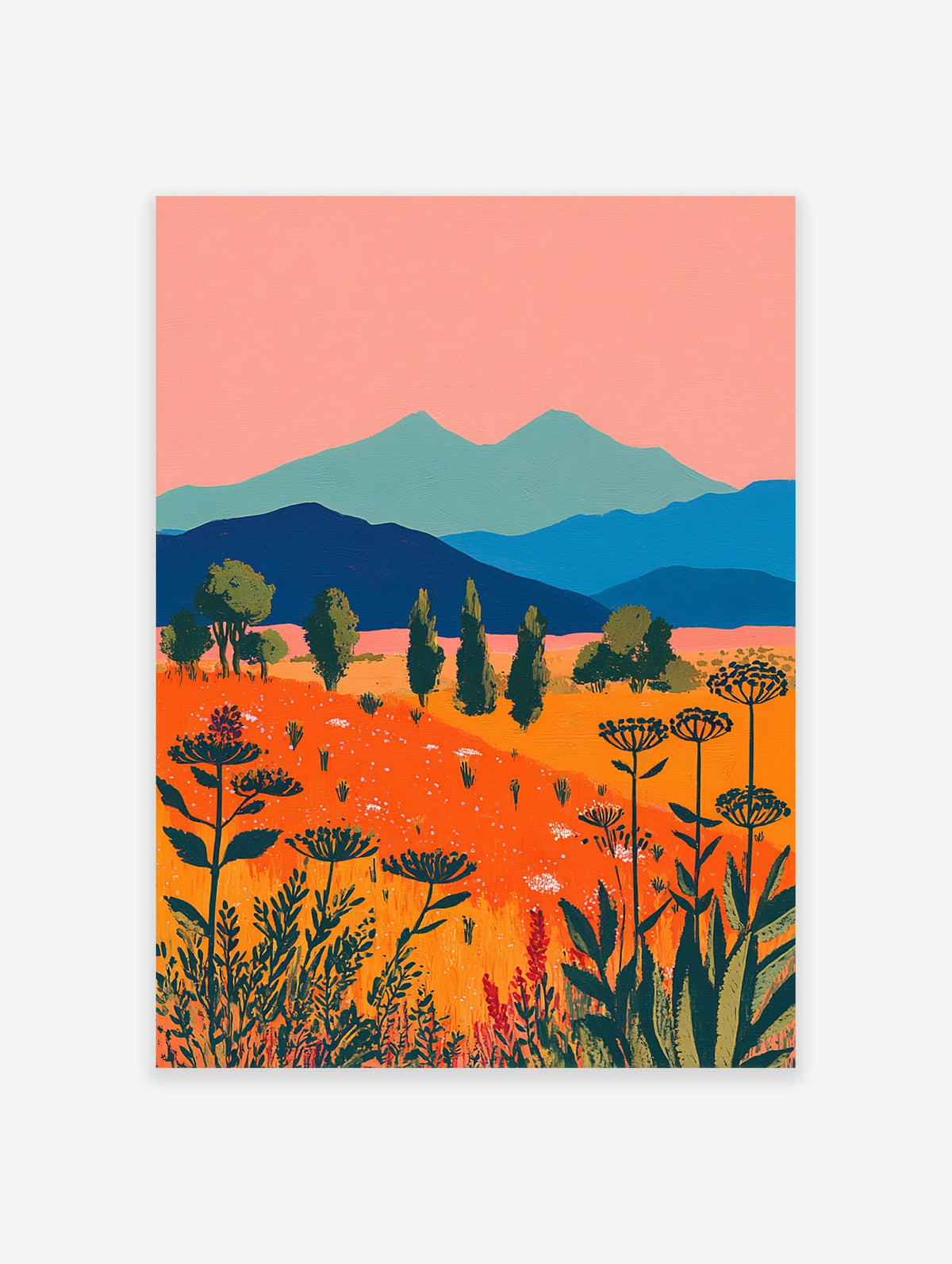 Vibrant illustrative landscape wall art with an orange wildflower field, blue mountains, pink sky, and green trees.