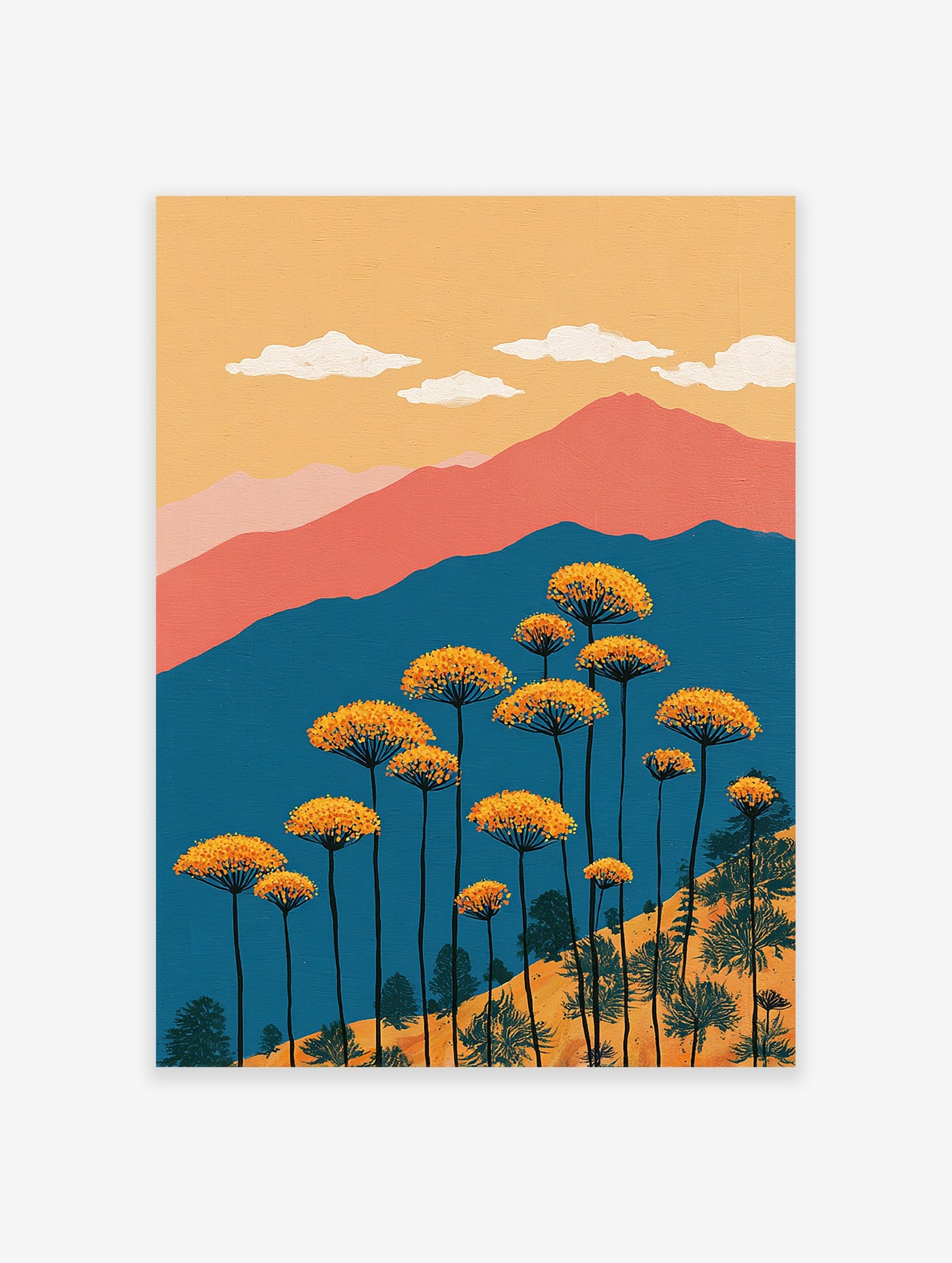 Vibrant landscape wall art painting with orange flowers, blue mountains, peach hills, and a yellow sky with white clouds.