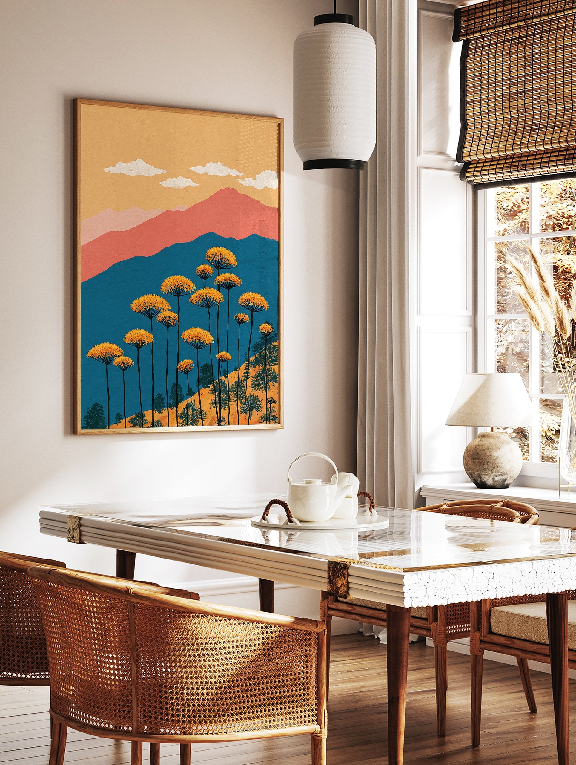Vibrant landscape wall art painting with orange flowers, blue mountains, peach hills, and a yellow sky with white clouds. - Image 2