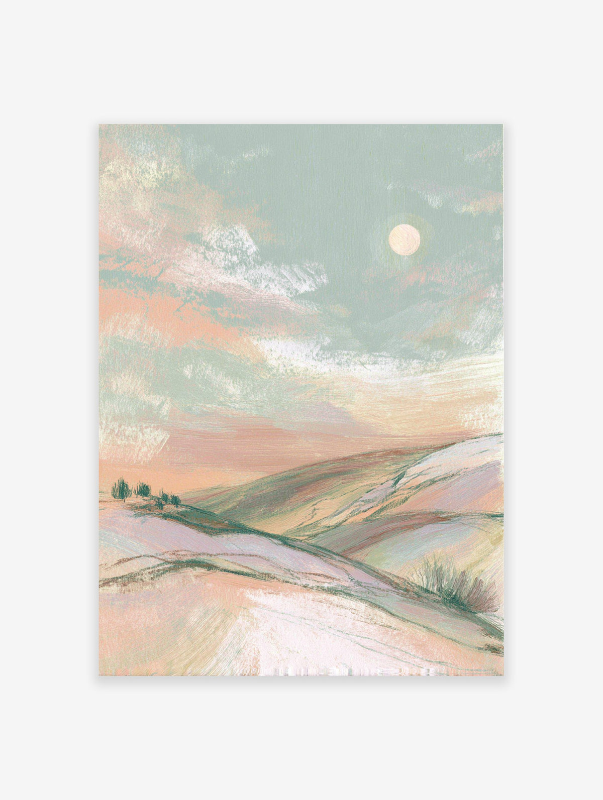 Abstract pastel landscape wall art with rolling hills, soft clouds, and a full moon, featuring green and pink tones.