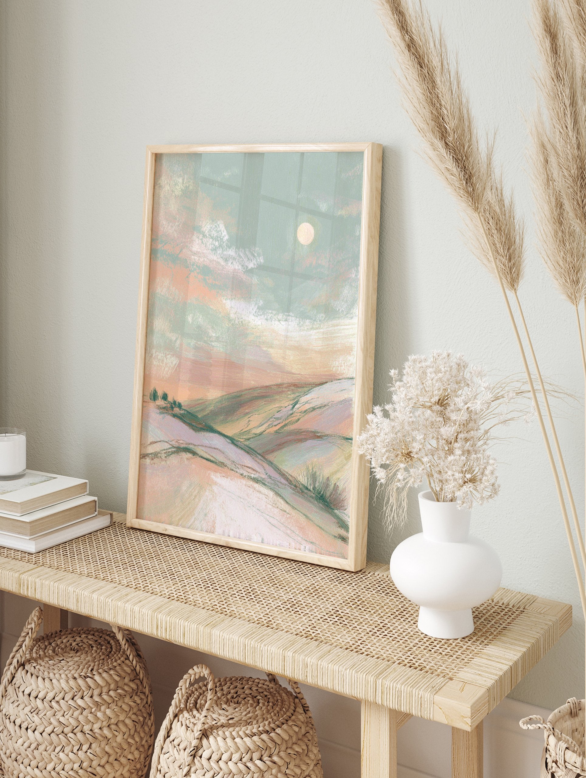 Abstract pastel landscape wall art with rolling hills, soft clouds, and a full moon, featuring green and pink tones. - Image 3