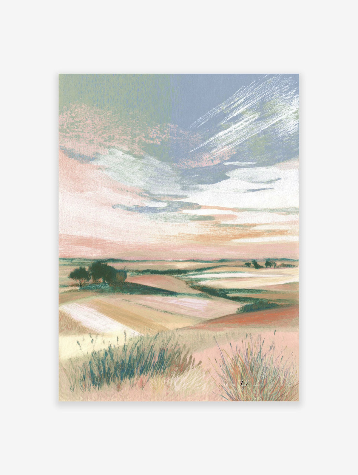 Abstract landscape wall art featuring pastel fields, green trees, and a soft blue and pink sky with visible brushstrokes.