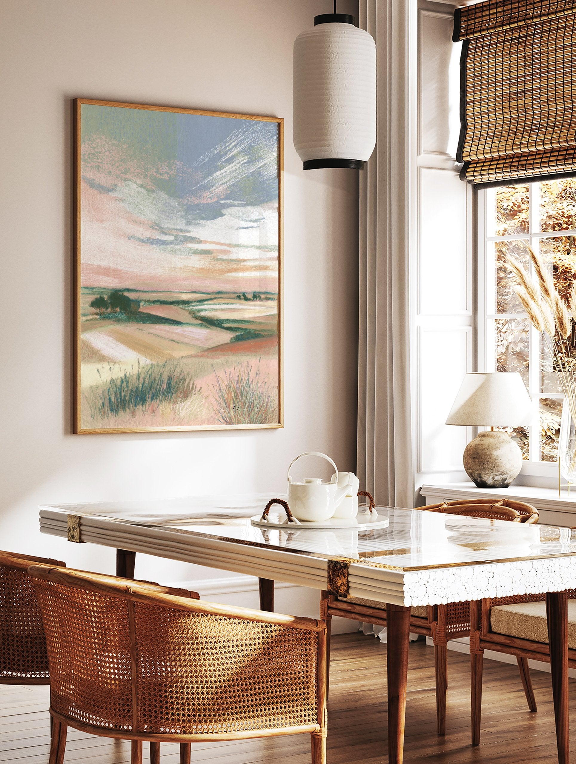 Abstract landscape wall art featuring pastel fields, green trees, and a soft blue and pink sky with visible brushstrokes. - Image 2