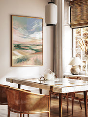 Abstract landscape wall art featuring pastel fields, green trees, and a soft blue and pink sky with visible brushstrokes. - Image 2