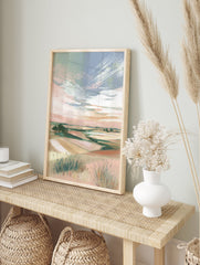 Abstract landscape wall art featuring pastel fields, green trees, and a soft blue and pink sky with visible brushstrokes. - Image 3