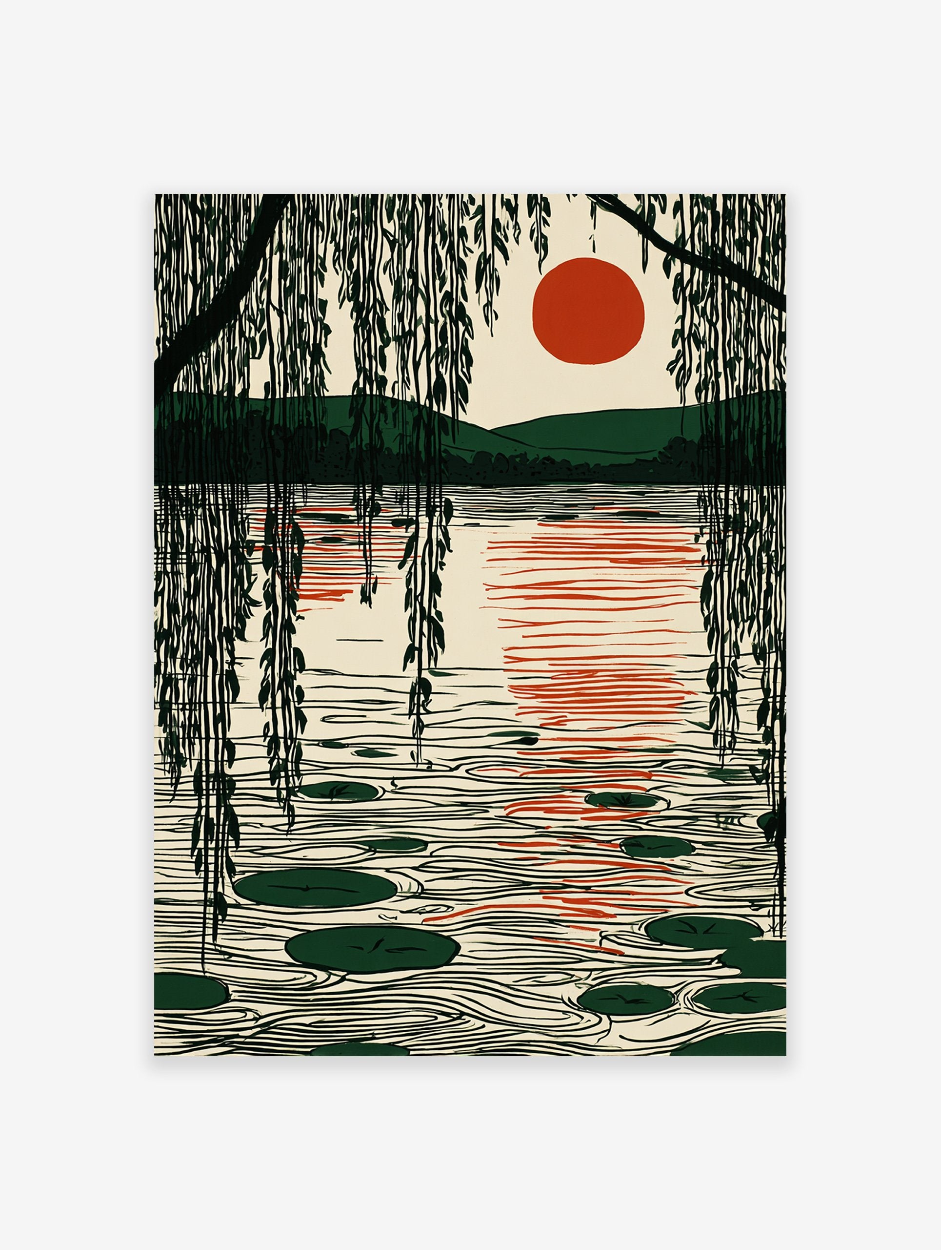 Japanese style landscape wall art with a red sun over a lake, weeping willow branches, and lily pads on the water.