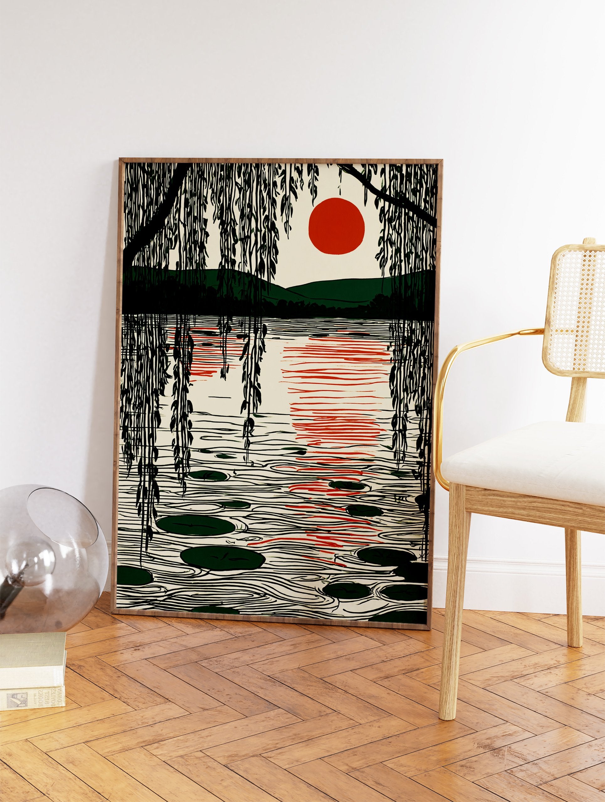 Japanese style landscape wall art with a red sun over a lake, weeping willow branches, and lily pads on the water. - Image 2