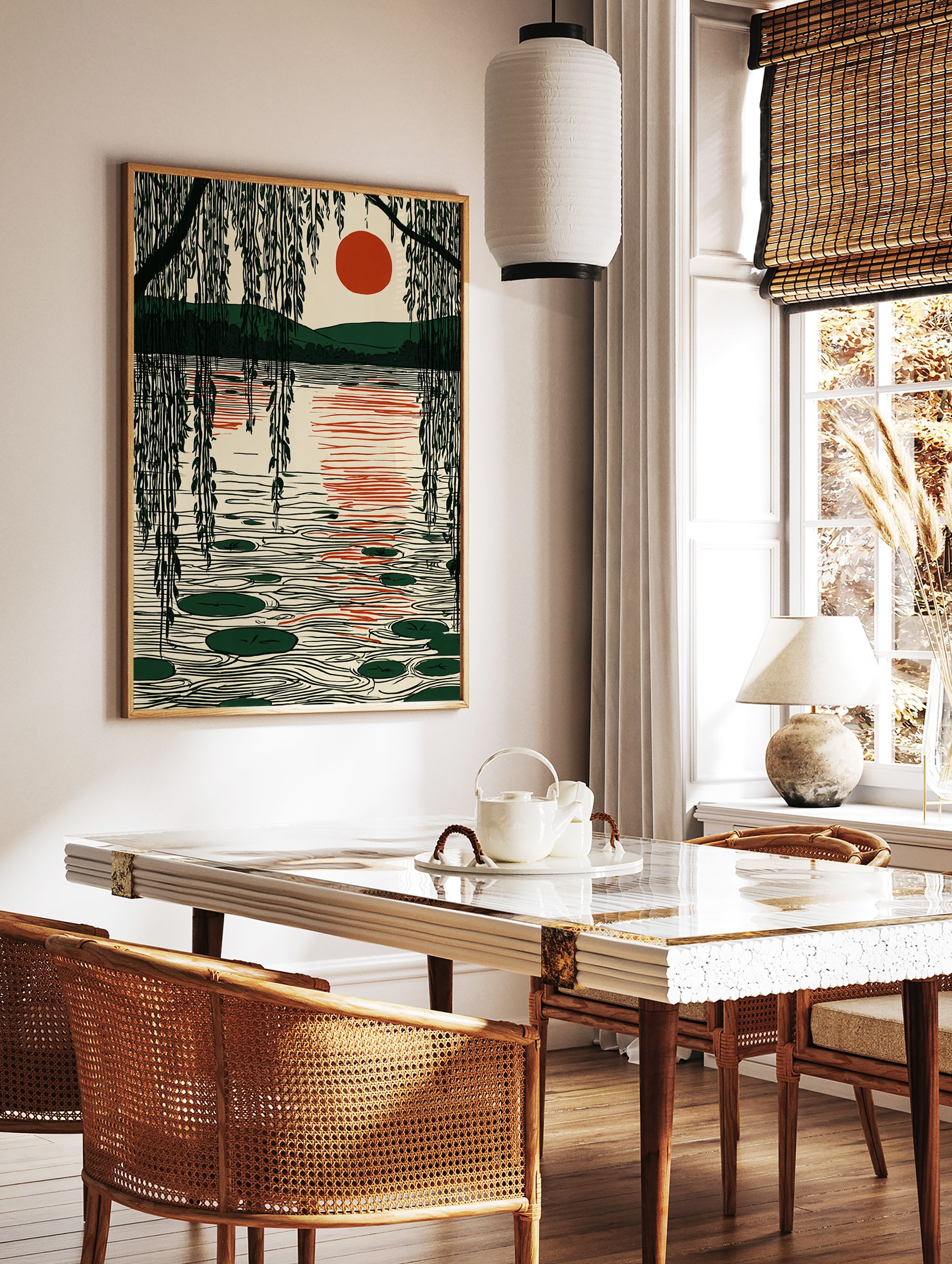 Japanese style landscape wall art with a red sun over a lake, weeping willow branches, and lily pads on the water. - Image 3