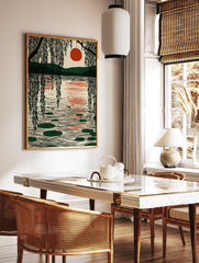 Japanese style landscape wall art with a red sun over a lake, weeping willow branches, and lily pads on the water. - Image 3