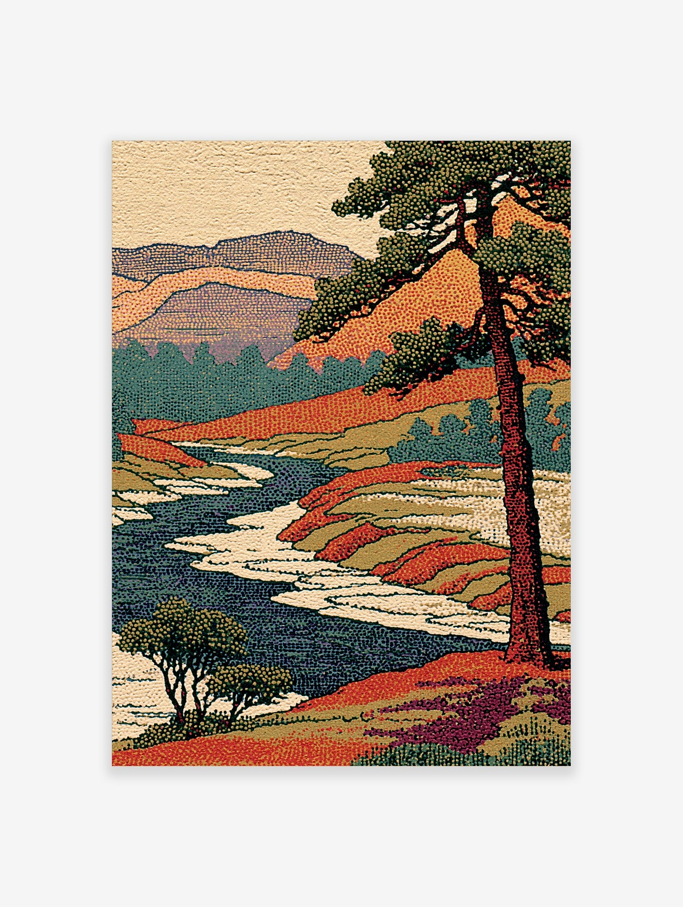 Landscape wall art of a river valley with orange cliffs and a tall pine tree