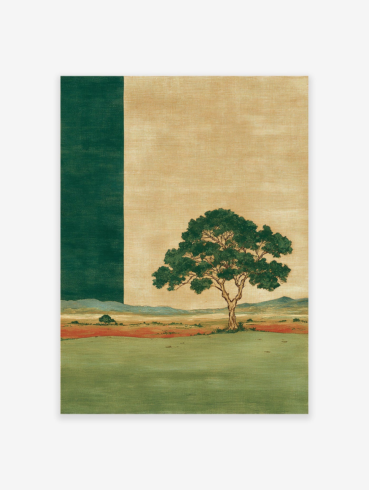 Textured landscape wall art with a solitary green tree, red field, and beige sky, alongside a dark green vertical stripe.