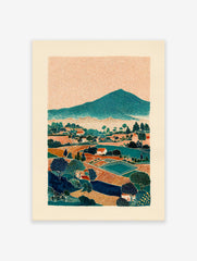 Stylized landscape wall art print depicting a mountain village with fields, trees, and houses under an orange textured sky.