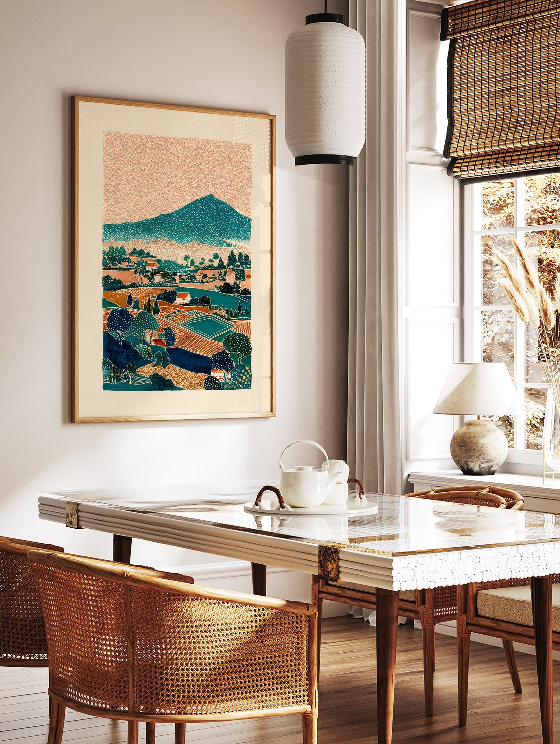Stylized landscape wall art print depicting a mountain village with fields, trees, and houses under an orange textured sky. - Image 2