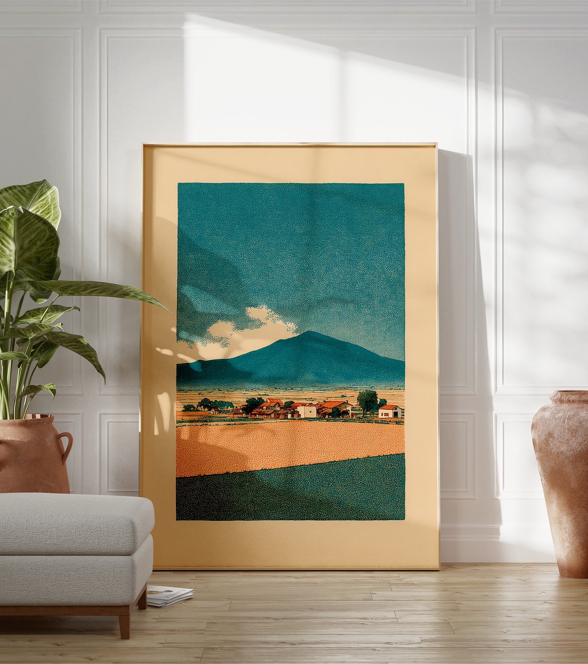 Stylized landscape art print featuring a teal mountain, village, orange and green fields under a stippled teal sky. - Image 3