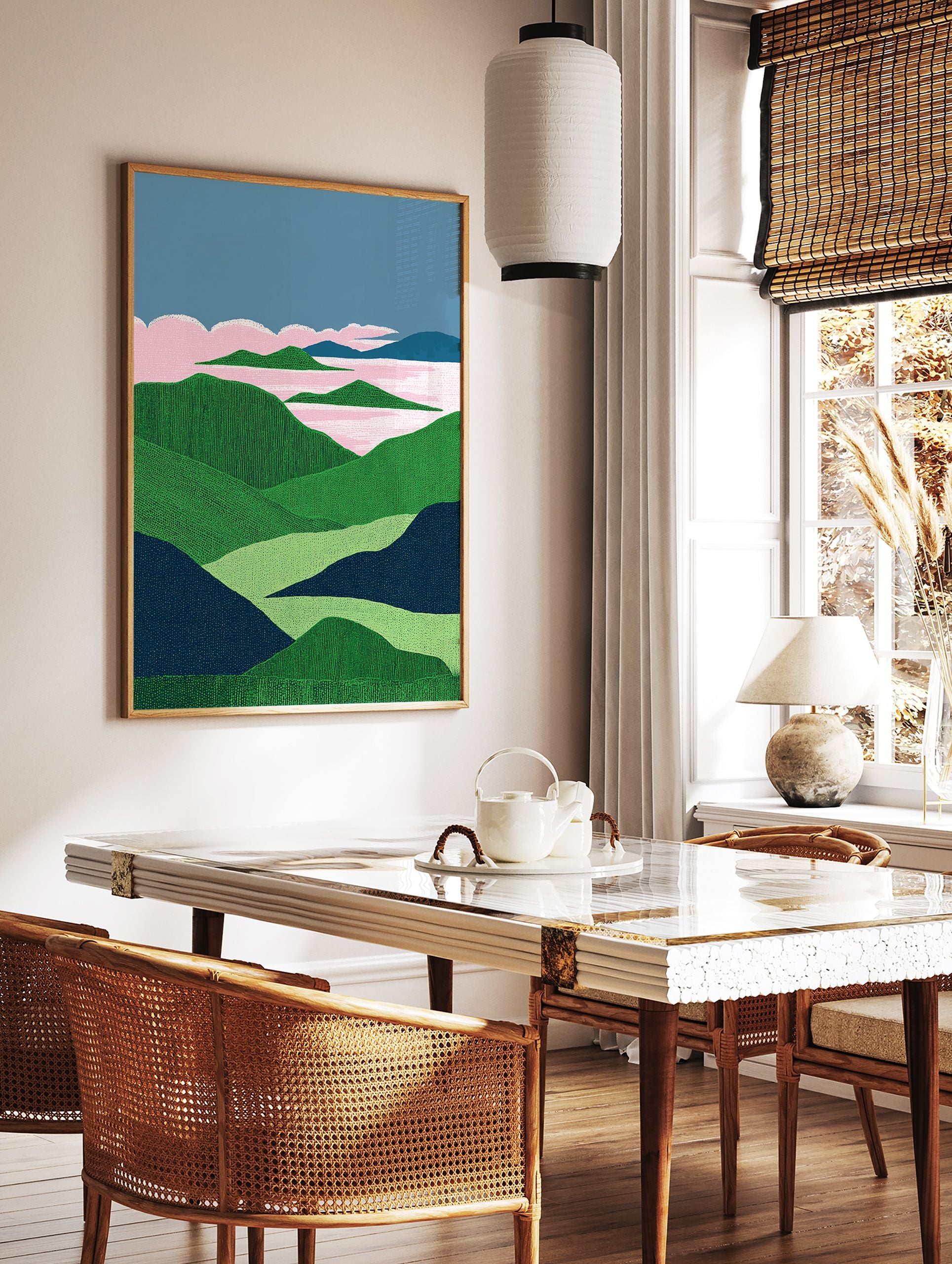 Textured landscape wall art featuring green hills, a pink lake, and blue sky with pink clouds, in an illustrative style. - Image 2