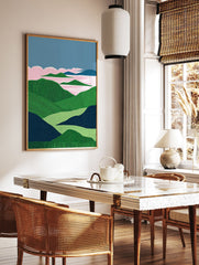 Textured landscape wall art featuring green hills, a pink lake, and blue sky with pink clouds, in an illustrative style. - Image 2