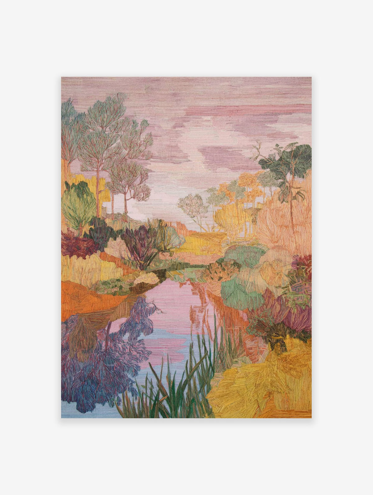 Textured landscape art print depicting a vibrant river scene with colorful trees, foliage, and a pink sky reflecting in water.