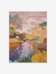 Textured landscape art print depicting a vibrant river scene with colorful trees, foliage, and a pink sky reflecting in water.