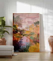 Textured landscape art print depicting a vibrant river scene with colorful trees, foliage, and a pink sky reflecting in water. - Image 3
