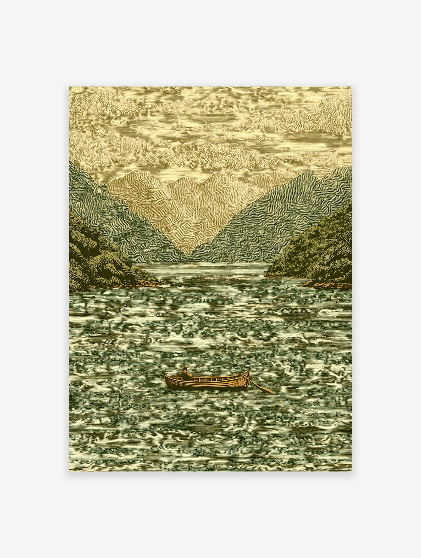 Vintage landscape wall art of a person in a rowboat on a lake surrounded by mountains and trees, illustrative style.