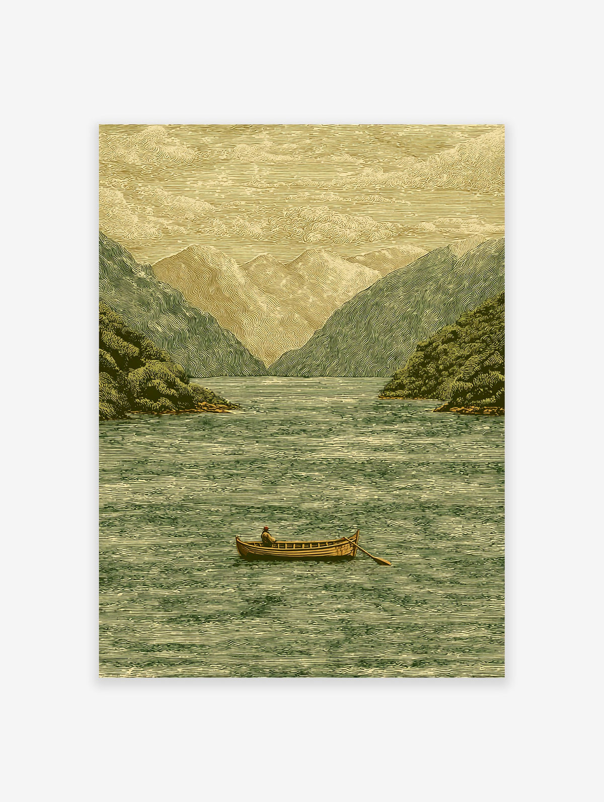 Vintage landscape wall art of a person in a rowboat on a lake surrounded by mountains and trees, illustrative style.