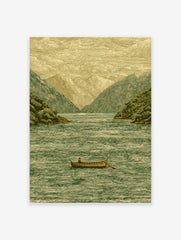 Vintage landscape wall art of a person in a rowboat on a lake surrounded by mountains and trees, illustrative style.