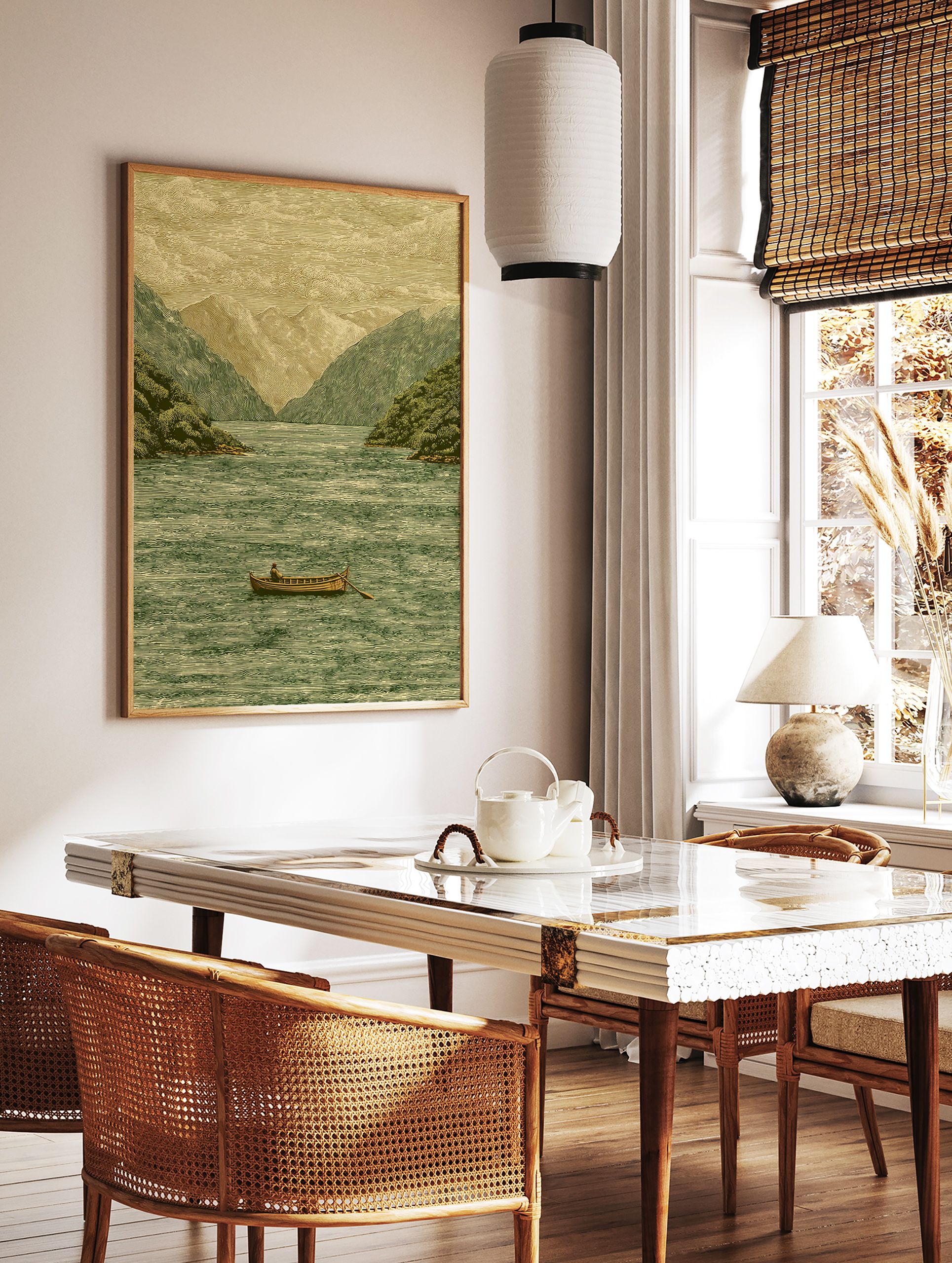 Vintage landscape wall art of a person in a rowboat on a lake surrounded by mountains and trees, illustrative style. - Image 2