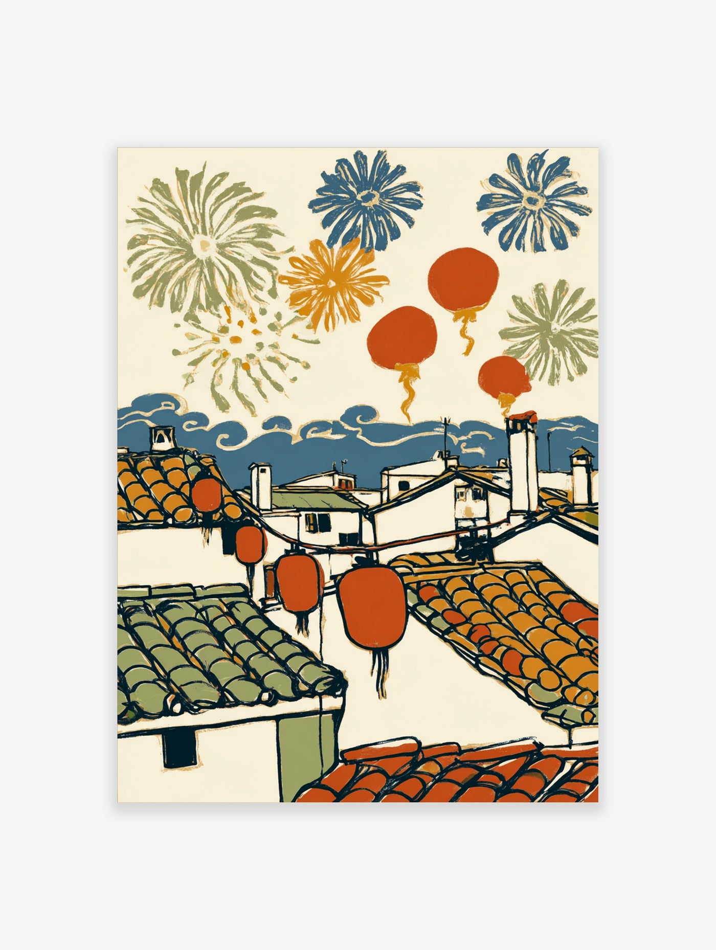 Lantern festival wall art with red lanterns, fireworks, and rooftops illustration
