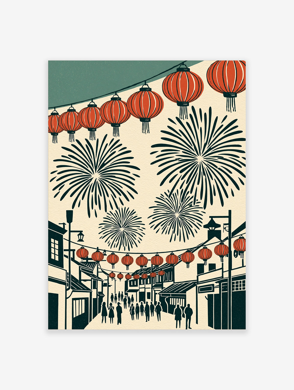 Illustrated lantern festival print with red lanterns, fireworks, and silhouetted street scene