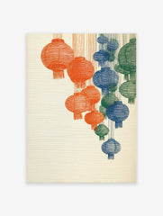 Illustrated wall art print featuring multiple hanging lanterns in orange, blue, and green colors on a textured beige background.