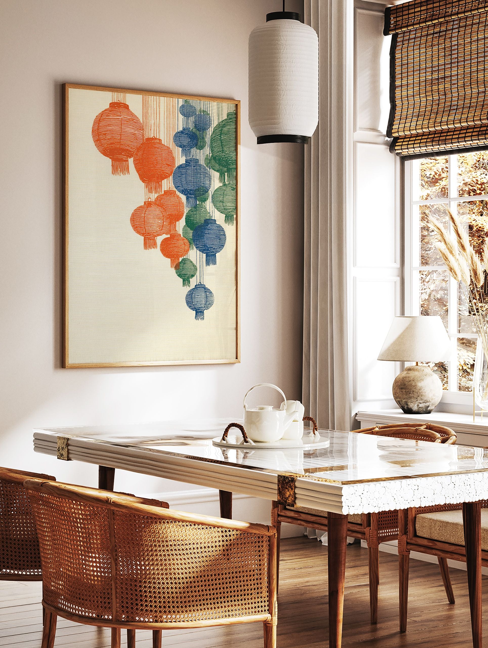 Illustrated wall art print featuring multiple hanging lanterns in orange, blue, and green colors on a textured beige background. - Image 2