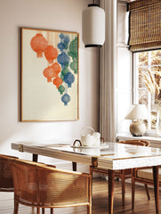 Illustrated wall art print featuring multiple hanging lanterns in orange, blue, and green colors on a textured beige background. - Image 2