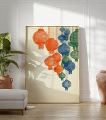 Illustrated wall art print featuring multiple hanging lanterns in orange, blue, and green colors on a textured beige background. - Image 3