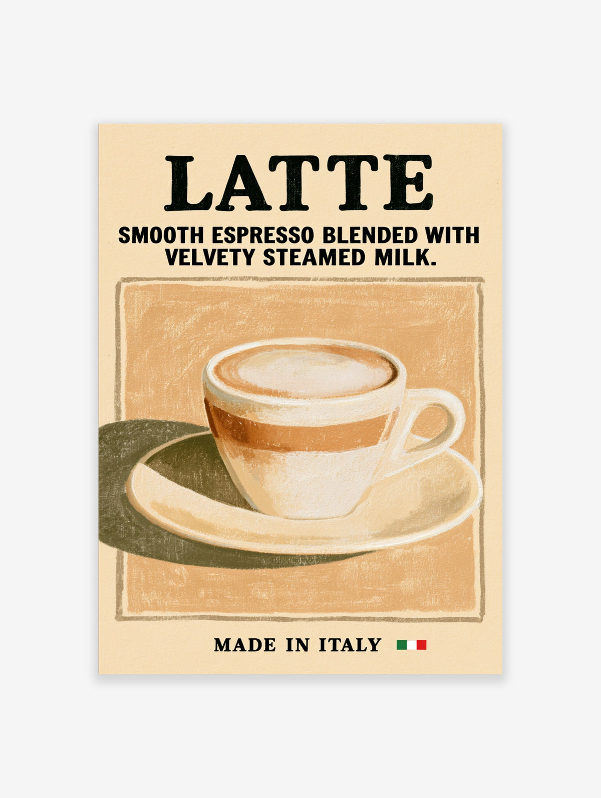 Latte coffee poster with bold black typography and a painted cup on a saucer in beige and brown tones