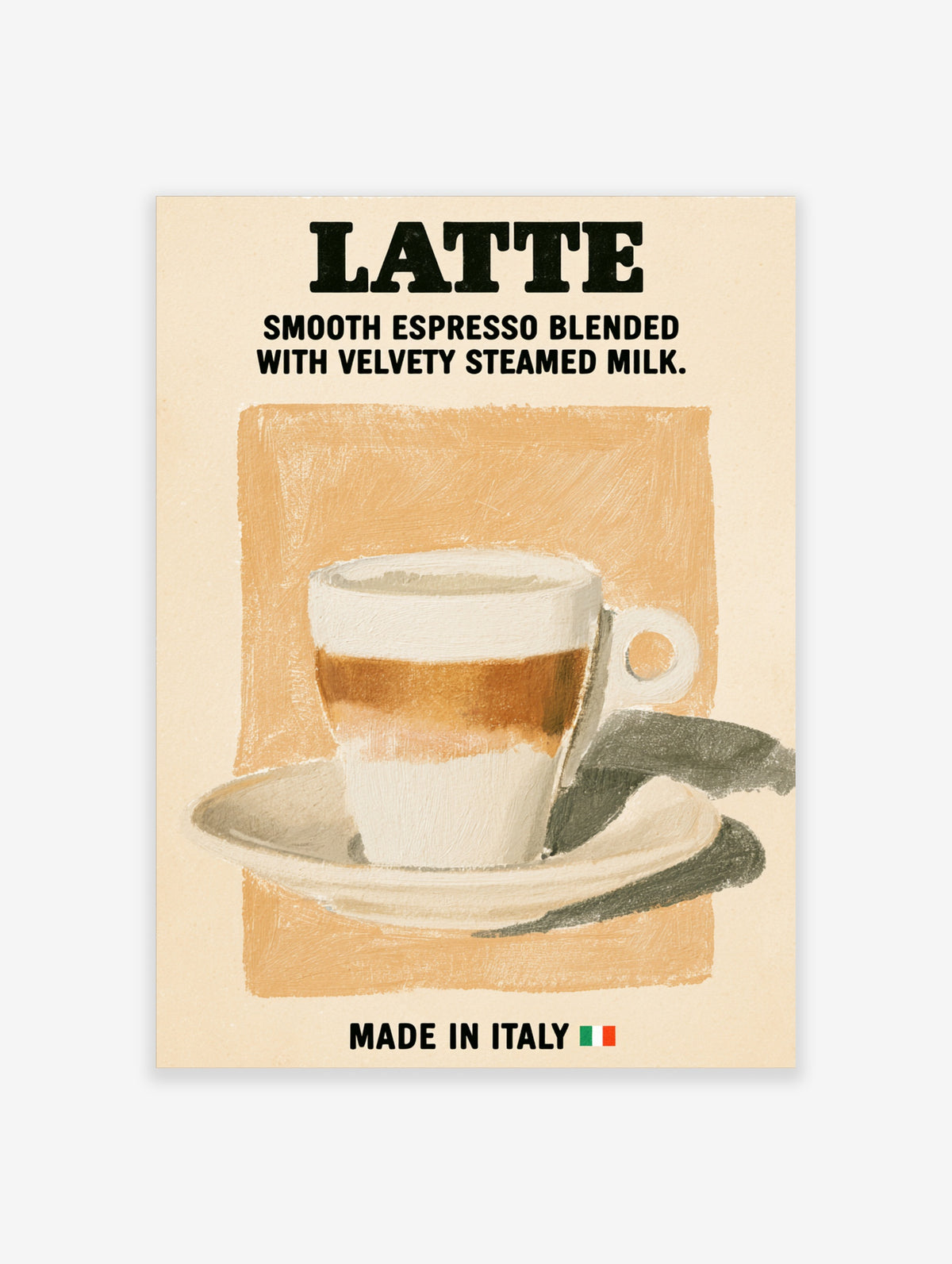 Latte coffee poster with painted cup of espresso and steamed milk on beige background